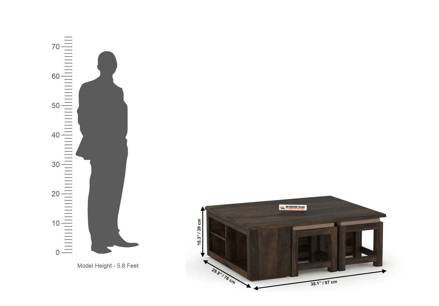 Exile Coffee Table with Four Stools (Natural Finish) - 7077
