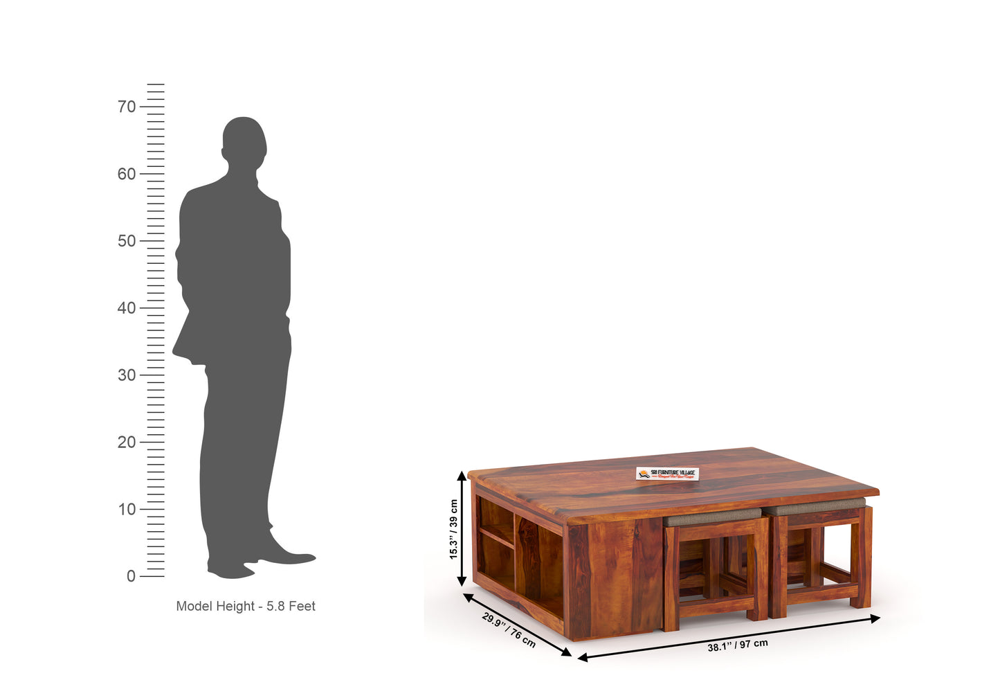 Exile Coffee Table with Four Stools (Natural Finish) - 7077