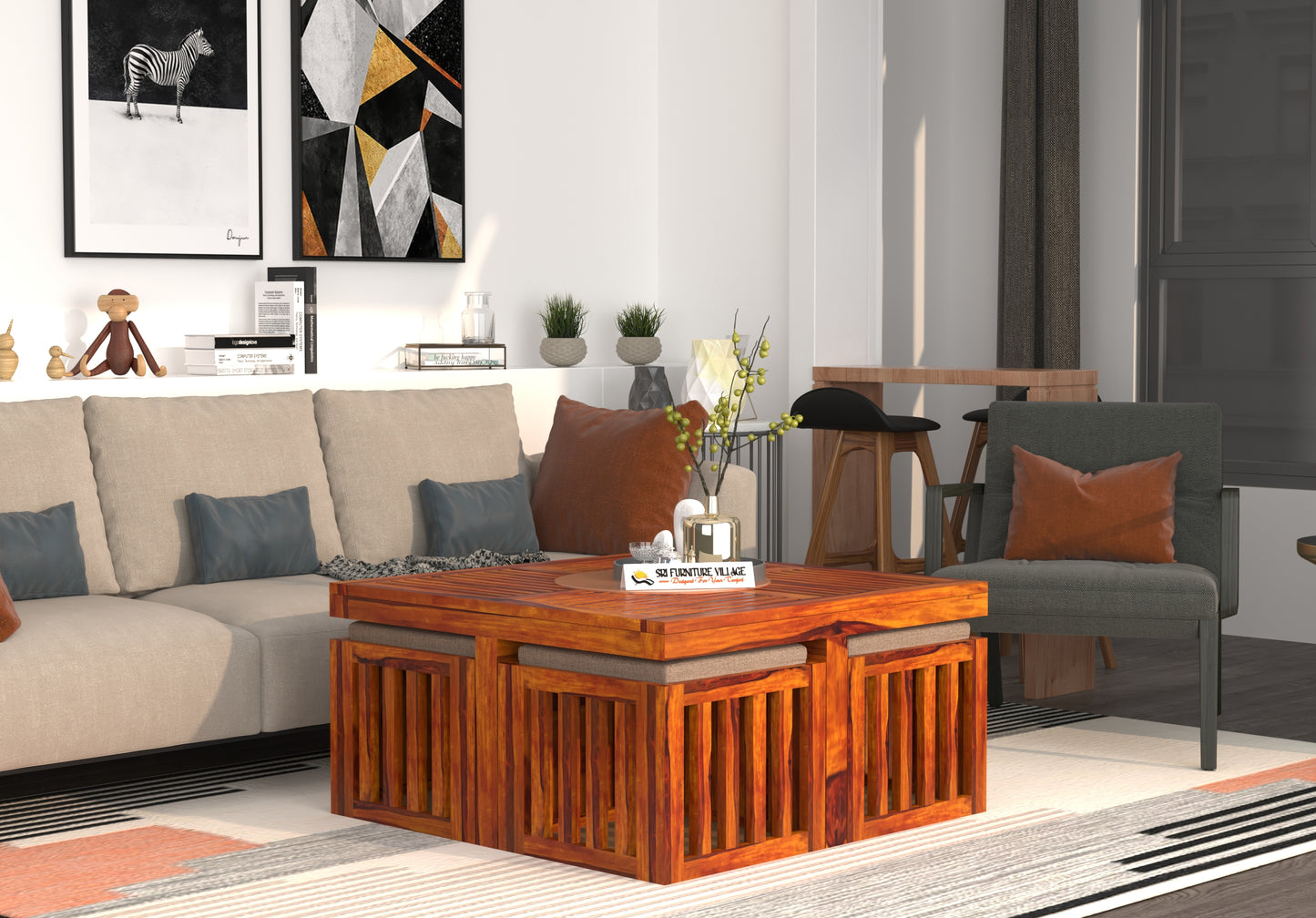 ZenFour Center Table with 4 stools - (Natural Finish) - 7078