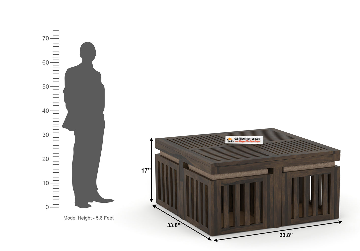 ZenFour Center Table with 4 stools - (Natural Finish) - 7078
