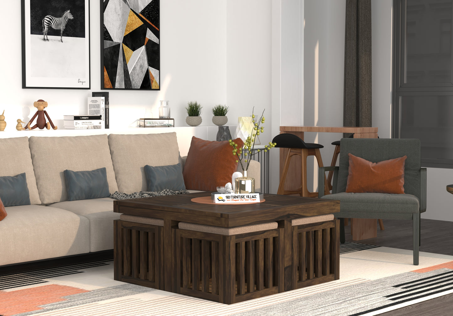 ZenFour Center Table with 4 stools - (Natural Finish) - 7078